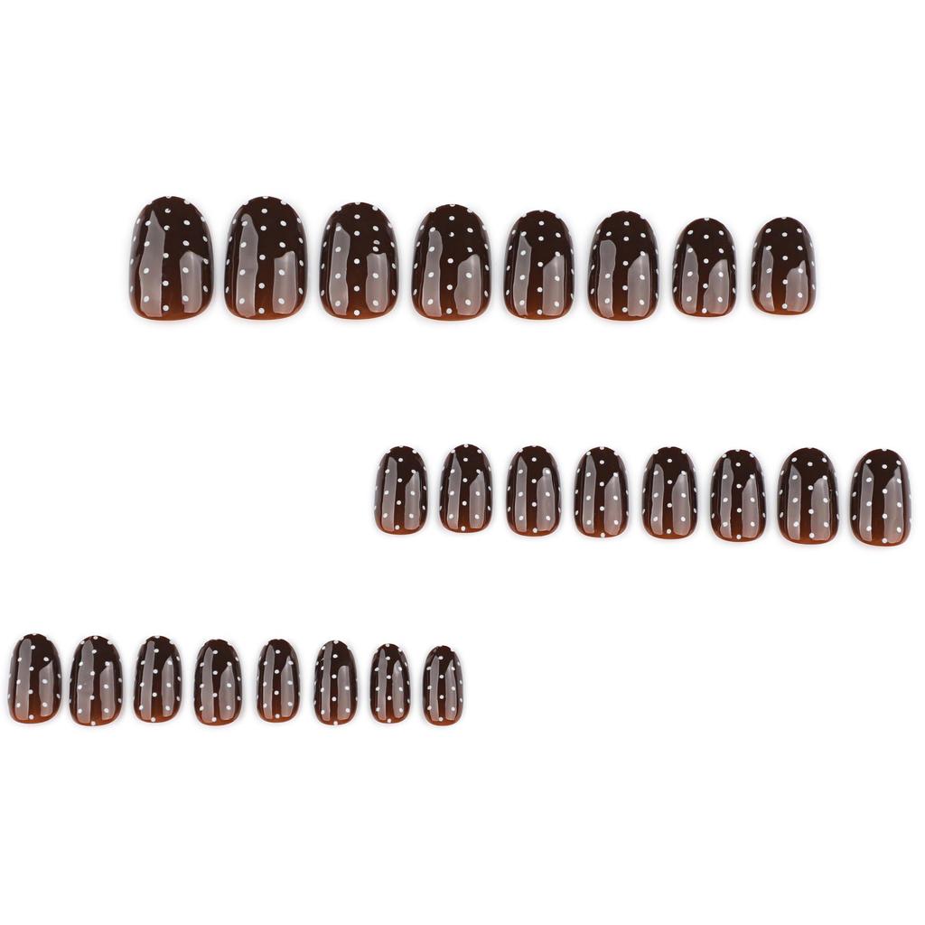 Brown Series Autumn/Winter Wearable Nail Art - Short Round False Nails with White Polka Dots