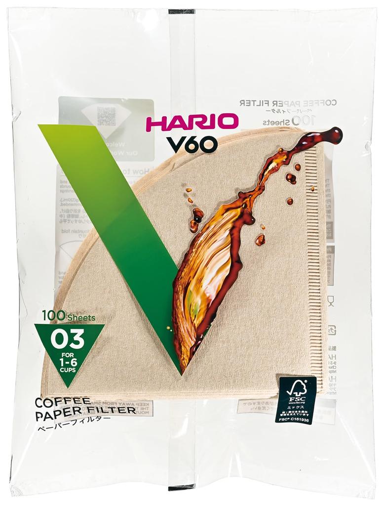HARIO V60 Papierowe Filtry 500 Misarashi, 03M, 1-6 Filiżanek, Filtry, (VCF-03-100M)