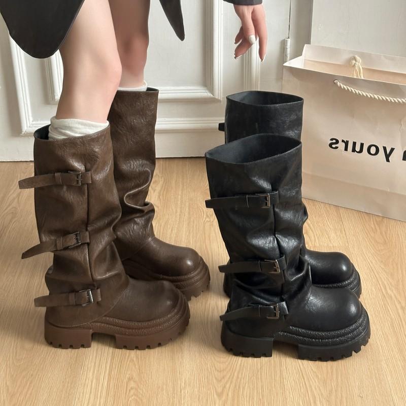 Yueyu Belt Buckle Pleated Thick-soled Medium Boots Women's 2025 Autumn and Winter New Trousers Western Boots Ins Tide Boots