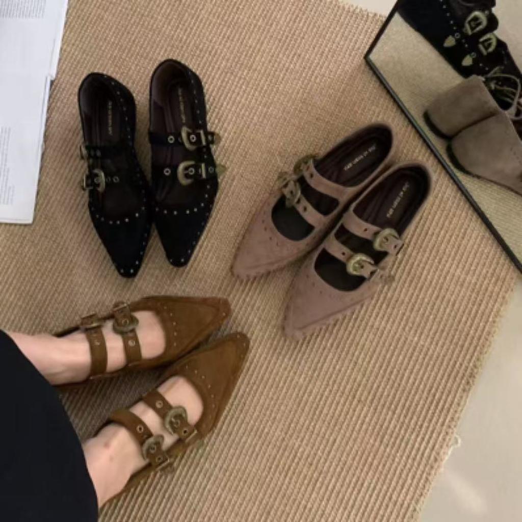French retro pointed Mary Jane shoes women's new suede flat shoes with skirts versatile small leather shoes