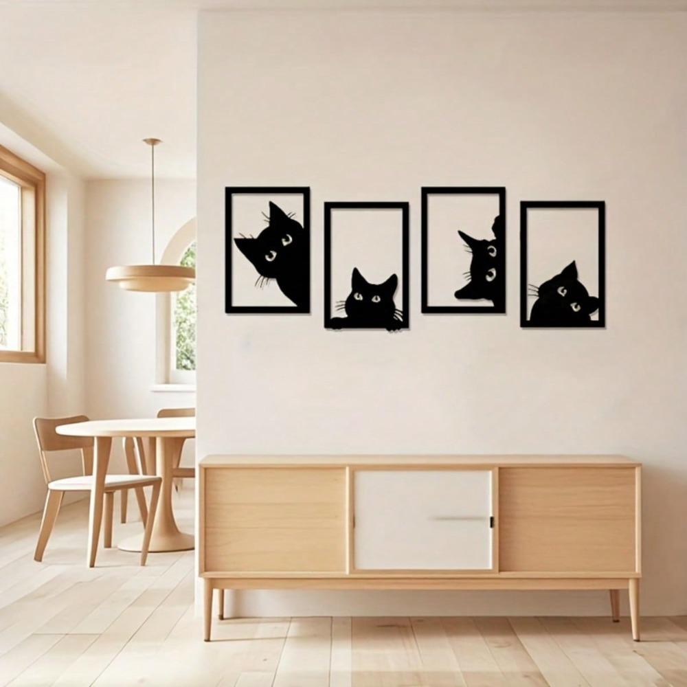 Four Piece Black Metal Cat Wall Art, Modern Animal Silhouette Sculpture Decor for Home Office Cafe