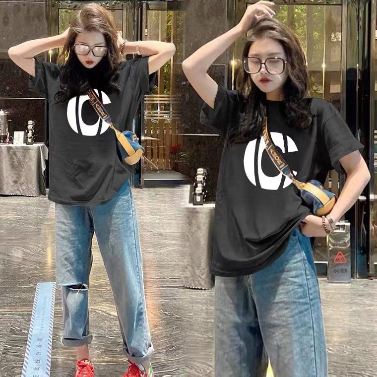 Top 2025 new cotton short-sleeved t-shirt women's summer medium and long large size loose printing t-shirt ns tide