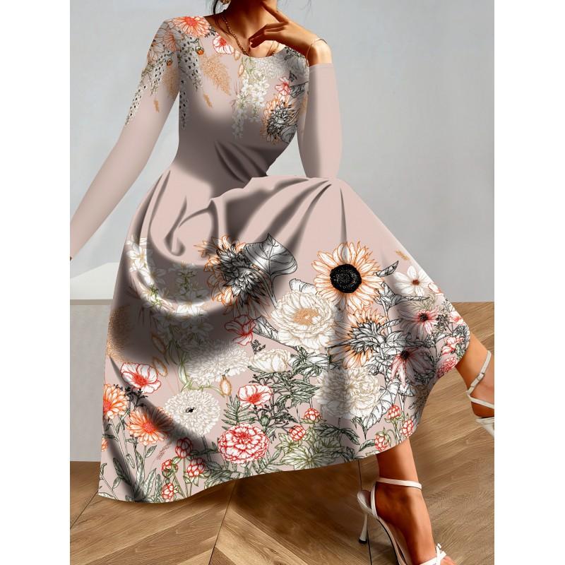 Womens Purple Floral Print Long Sleeve Maxi Dress - Elegant Party In Milk Silk Fabric