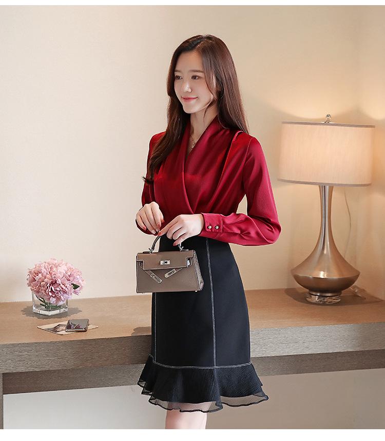 Damen 2025 Koreanischer Stil V-Ausschnitt Schlankmachendes Satin Chiffon Langarm Oberteil