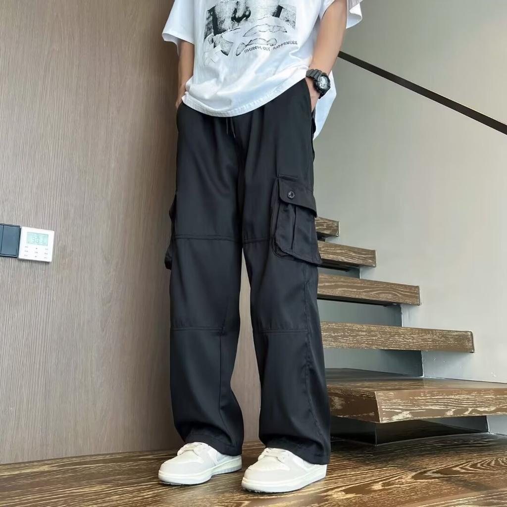 Multi-pocket Overalls Men's Summer Hong Kong Style Ins Loose Straight Trousers Trendy Elastic Waist Casual Pants