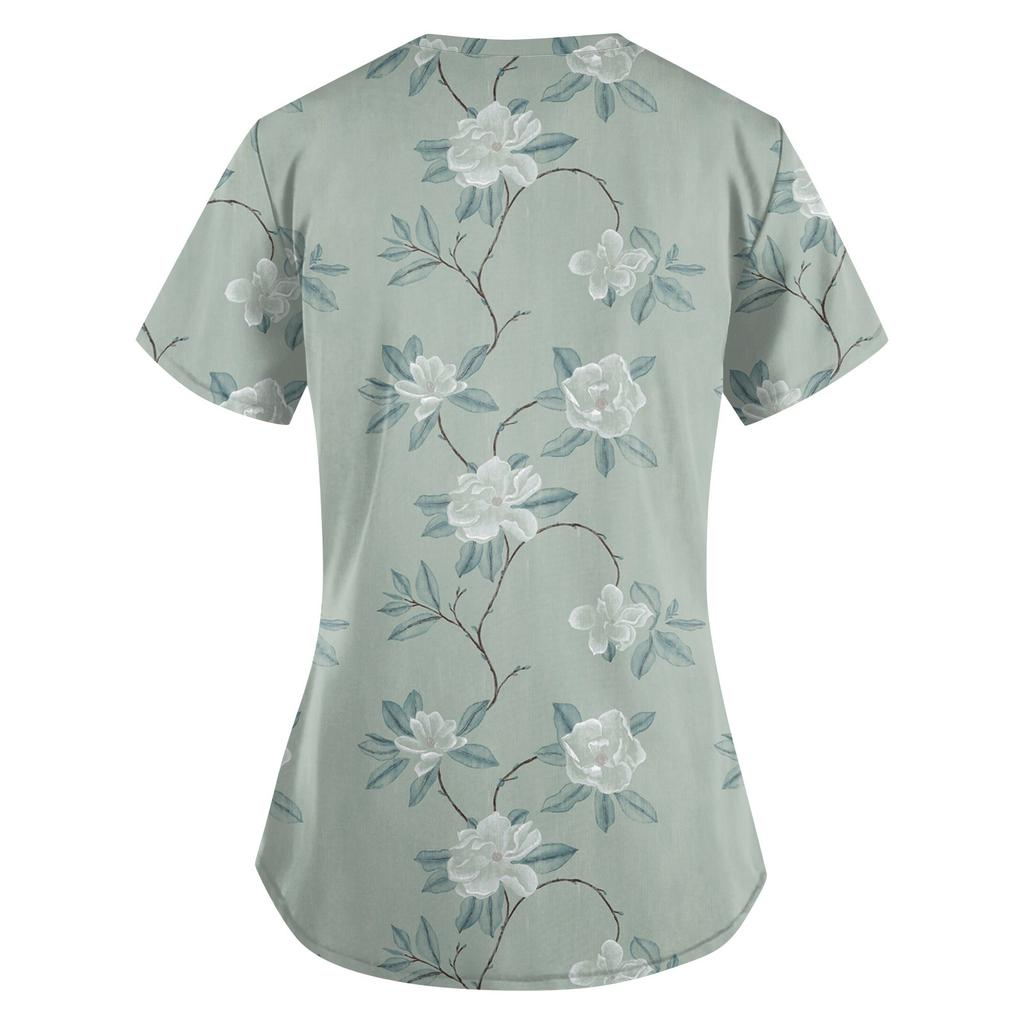 Süße bedruckte Arbeitskleidung für Damen, V-Ausschnitt, doppellagige Taschen, Basic, kurzärmeliges Oberteil, Pullover, Valentinstag