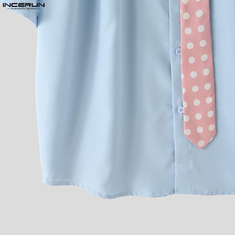 INCERUN Oversized Men Tie Neck Short Sleeve Button Up Casual Loose Shirts Tops