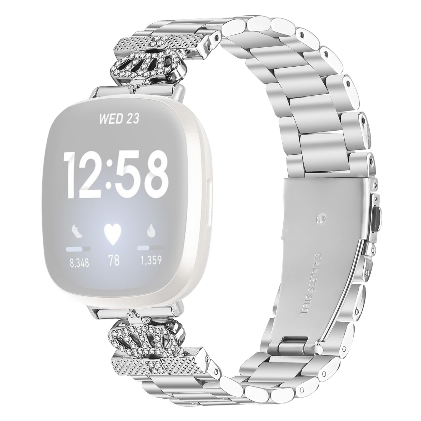 

For Fitbit Versa 3/Sense Stainless Steel Strap Crown Shape Rhinestone Decor Silver Watch Band As shown A