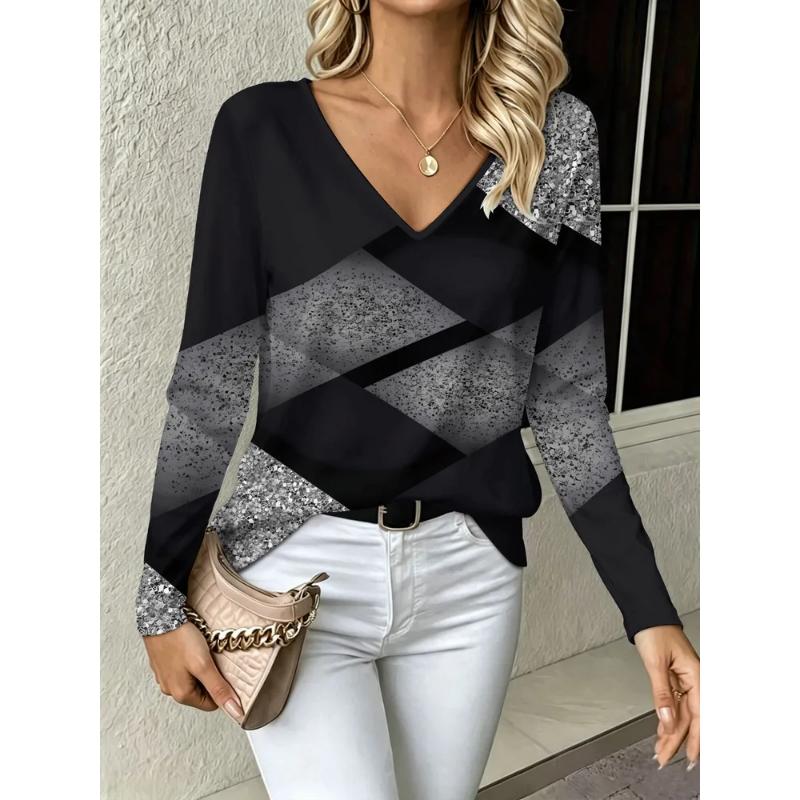 Fashion Women's V-Neck Long Sleeve 3D Floral Color Printing Casual Long Sleeve V-Neck T-Shirt