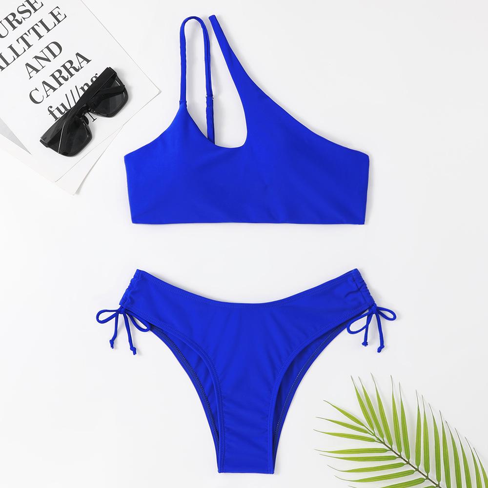 Women's One-Shoulder Solid Color Sexy Two-Piece Bikini Swimsuit