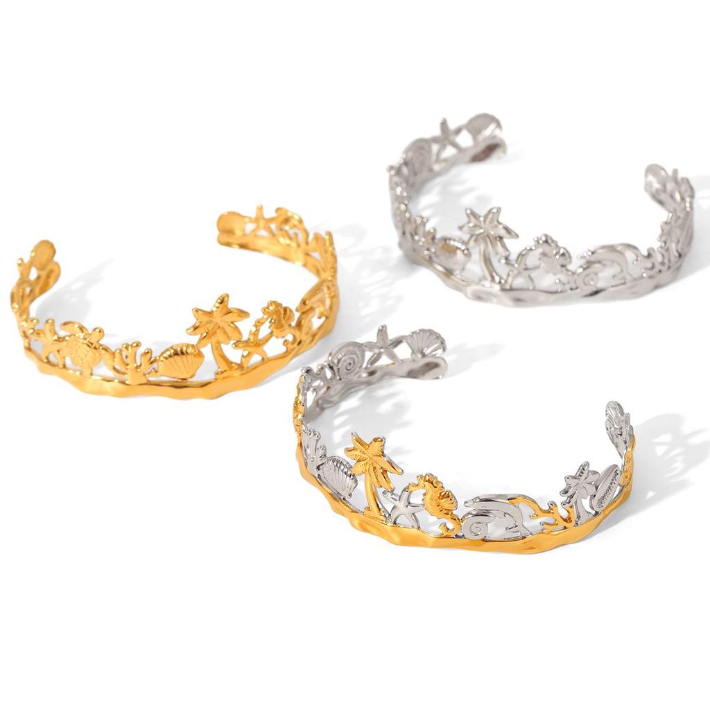 Hawaiian Stainless Steel Bracelet: Starfish, Turtle, Dolphin & Coconut Tree Charm Jewelry for Women