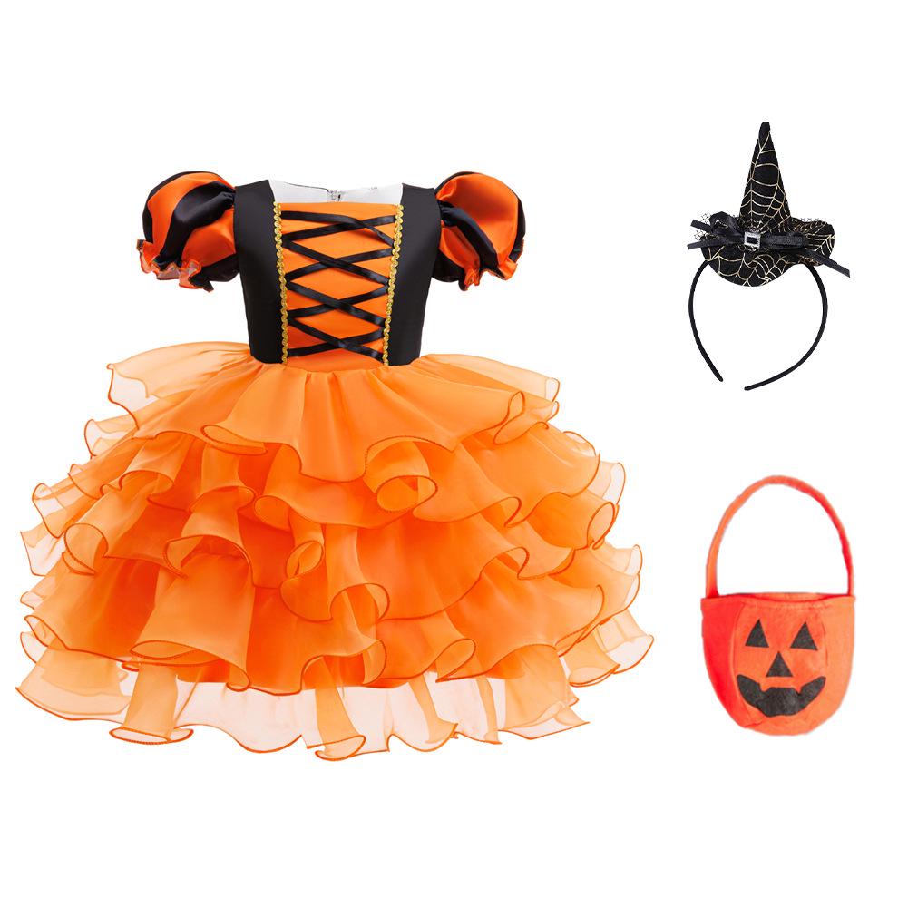 New Girls' Halloween Puff Sleeve Mesh Dress Costume