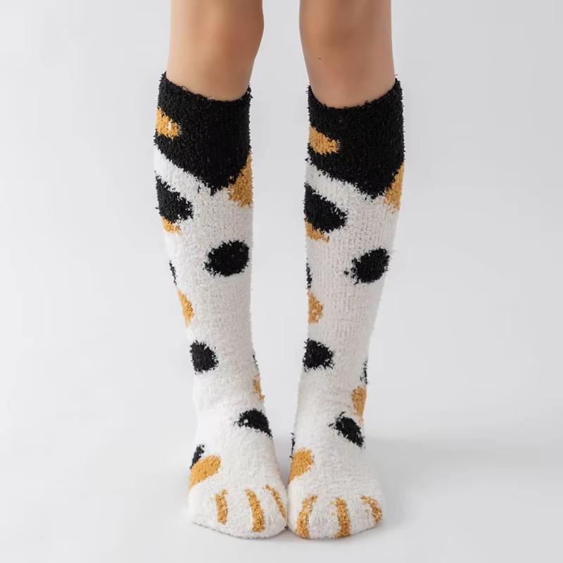 College Style Thicken Coral Fleece Cat Paw Calf Socks For Women Autumn Winter Warm Long Tube Socks Home Sleeping Floor Socks