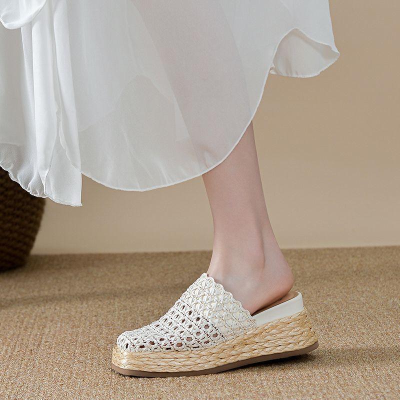 Hollowed-out Woven Toe Cap Half-slipper Women's 2025 Summer Breathable Insole Height-increasing Straw Woven Thick-soled Shoes