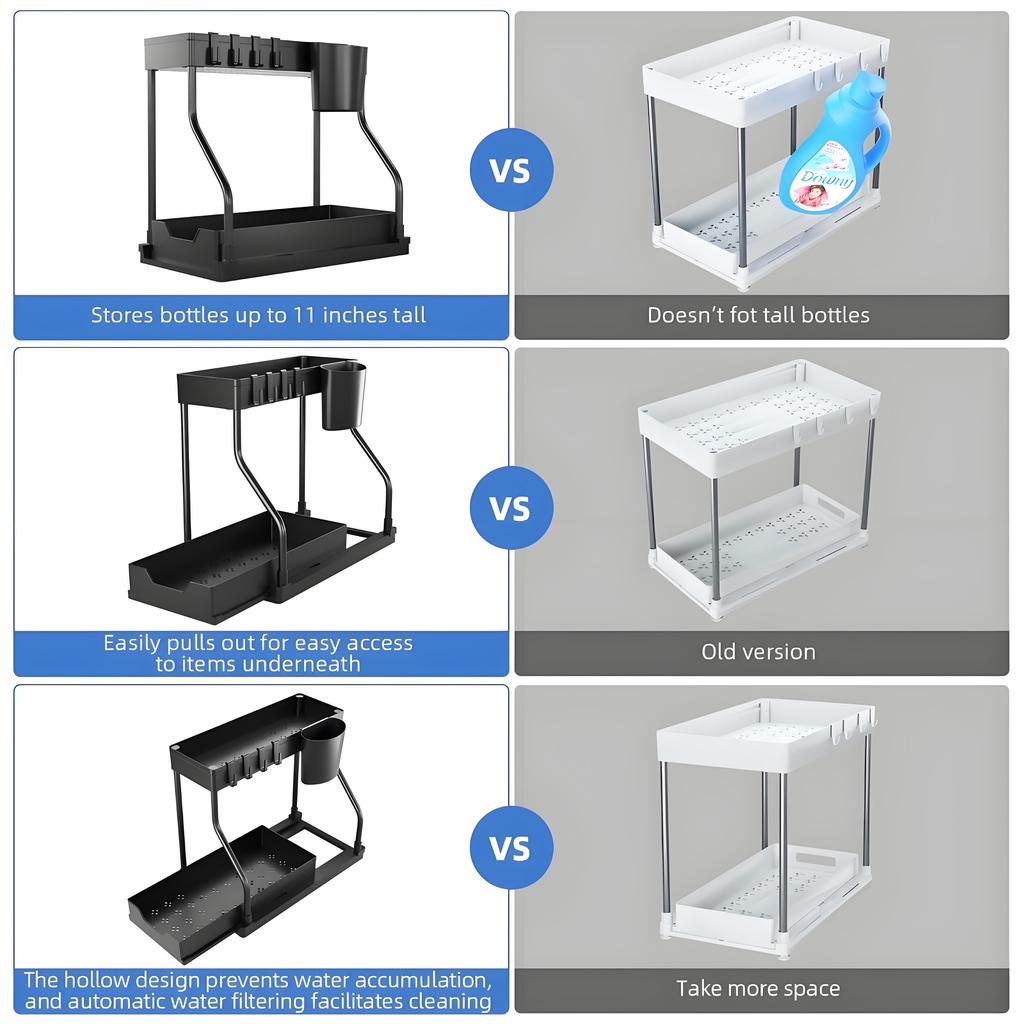 Under Sink Pull-Out Organizer | Rust-Resistant Carbon Steel Tray with Hooks | No-Tool Assembly for Bathroom & Kitchen Cabinets