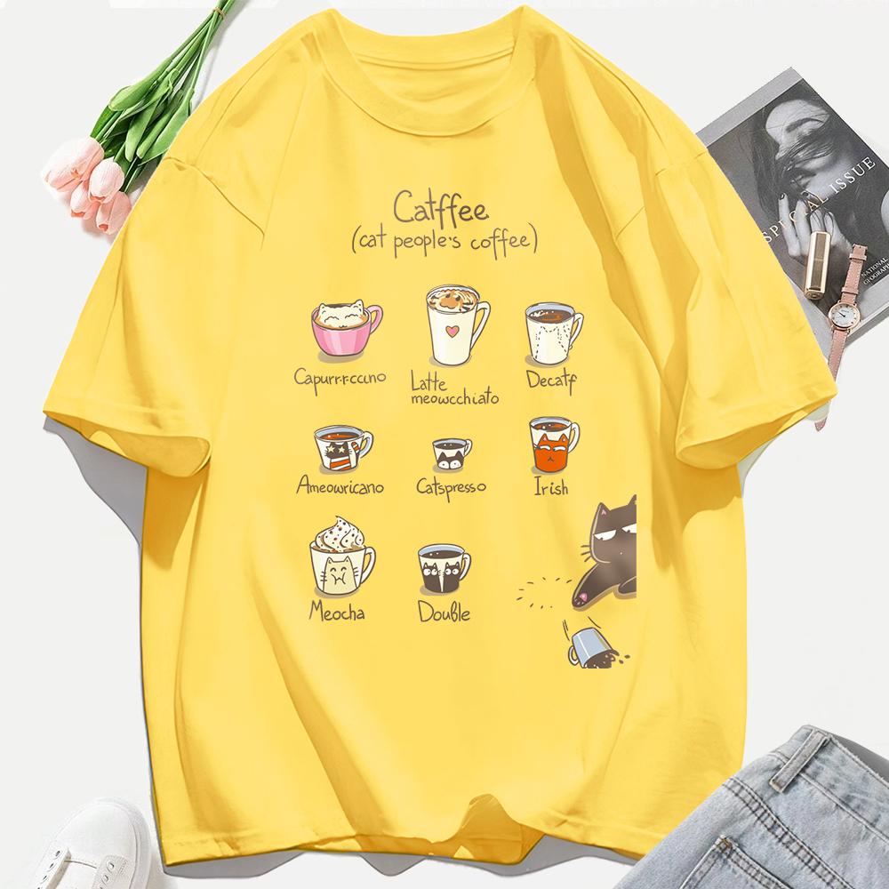 Cat People'S Coffee Illustration Printing T-Shirt Woman Summer Cotton T Shirts Y2K Soft Comfortable Top Unisex Hip Hop Clothes