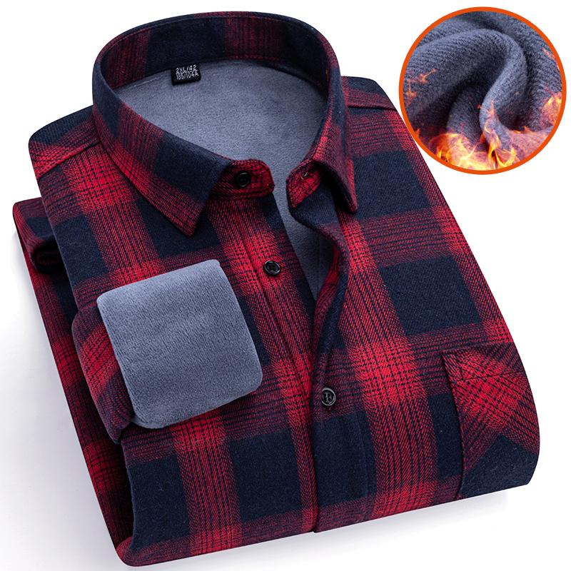 Men's Plaid Flannel Shirt Fleece Lined Warm Turn down Collar Long Sleeve