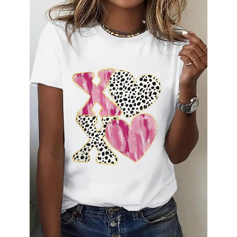 European Size Women s Valentine s Day XOXO Heart Print T-Shirt - Pink Leopard Gradient Cute Love Letter Short Sleeve S