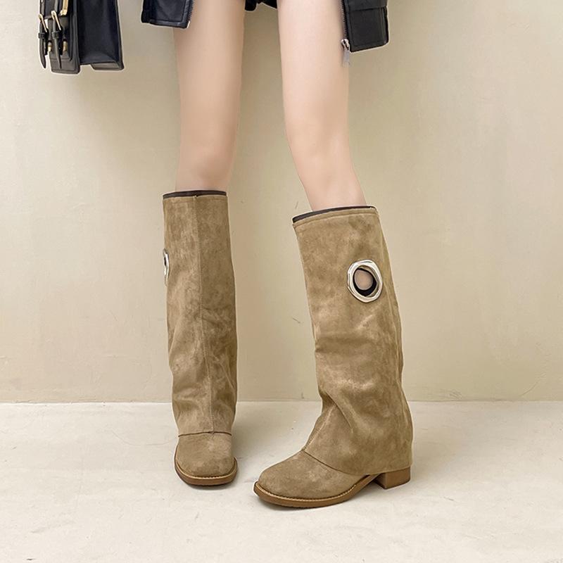 Retro Style Pointed Knight Boots Medium Boots Women's Boots Autumn and Winter Fashion Design Sense Metal Ring Trouser Tube Boots Slim Boots