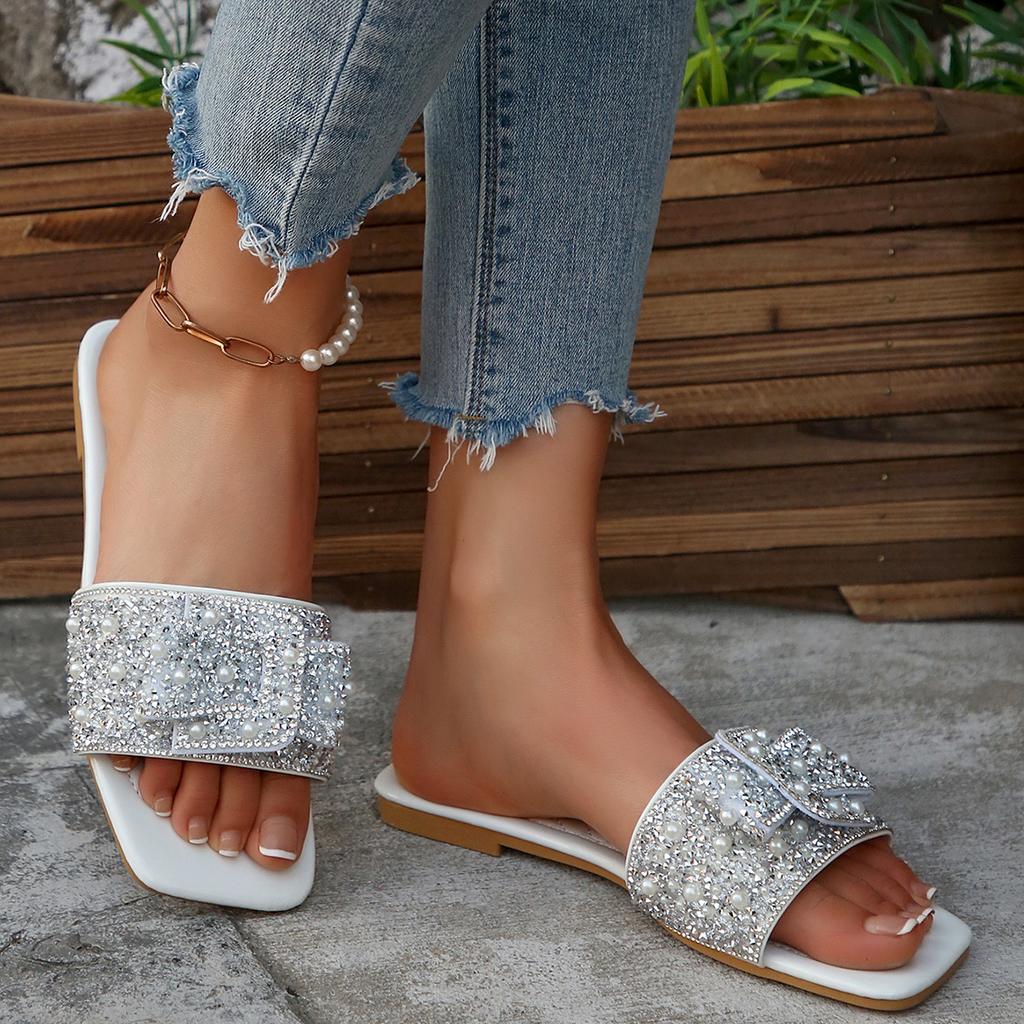 Women Slippers 2026 New Summer Slippers Rhinestone Thick Heel Sandals  Fashion Flat Bottom Shoes Women Home Outside Slides Women