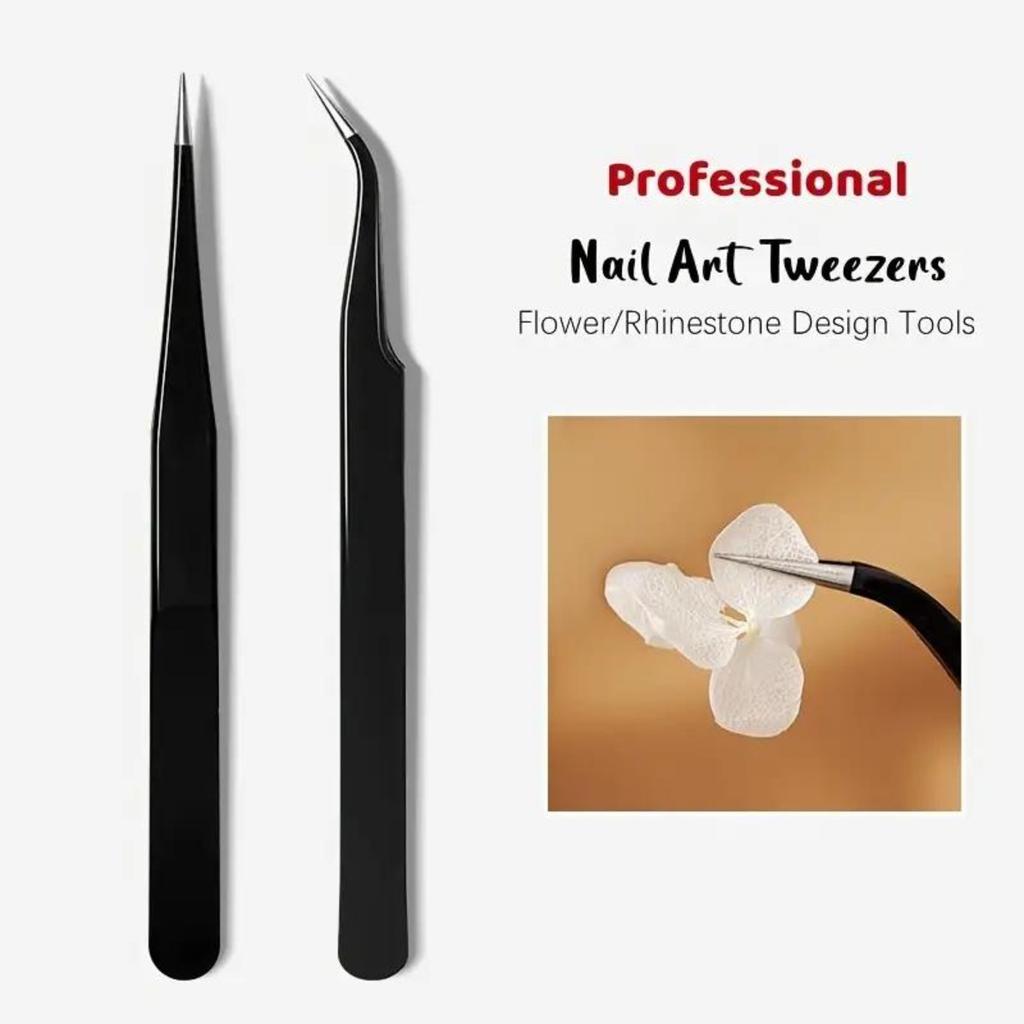 1.0mm Black Tweezers 2Pcs/Set, Straight & Curved Tips DIY Craft Handmade Clips