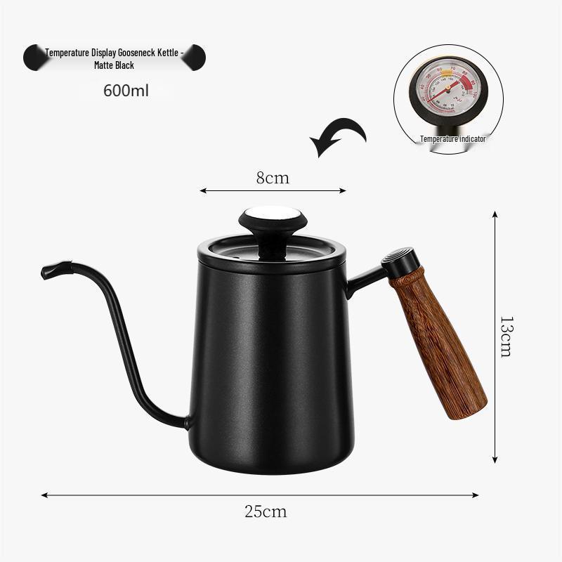 

Кофейник из нержавеющей стали 304 с крышкой, подвесной ручкой, длинным носиком, термометром и внутренней шкалой 600ml Matte Black Swan Neck (Thermometer)
