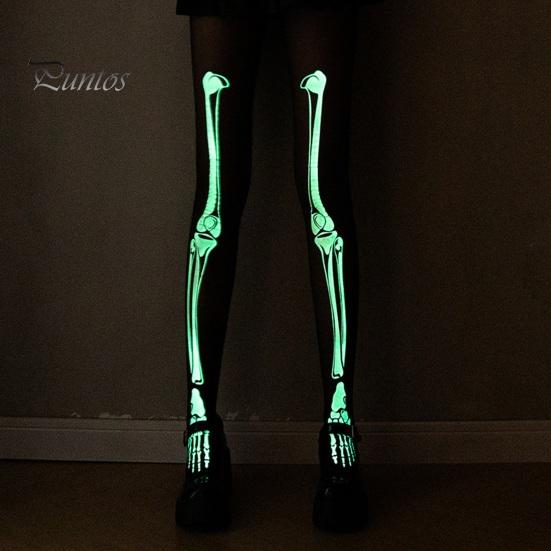 Halloween Skeleton Women Pantyhose Ghost Leg Print Contrast Color Glow at Night Luminous Thin Mesh Terrifying Anti-slip Cosplay Performance Skull