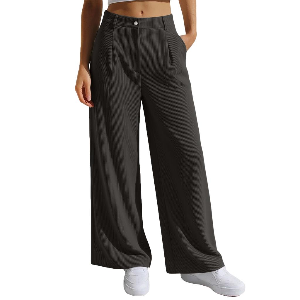 Women's Casual Fashion Color Elastic Waistband Pocket Wide-Leg Straight-Leg Pants