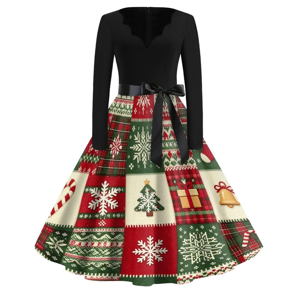 Women's Casual Vintage V-Neck Dress with Christmas Snowflake and Tree Print for Holiday Parties