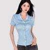 Sweetown Blaustreifen Kurzarmhemden für Damen zum Knöpfen Umlegekragen Slim Schlicht Lässig Preppy Oberteile Basic Sommer T-Shirts