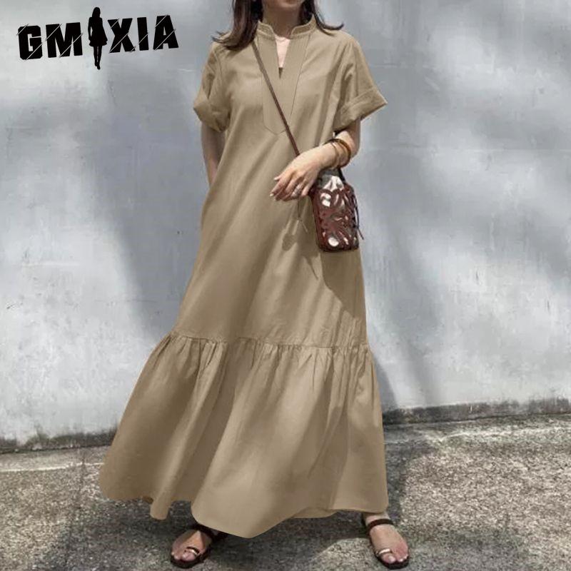 

GMXIA S-5XL Летнее повседневное однотонное женское длинное платье с V-образным вырезом и короткими рукавами XXXXXL хаки