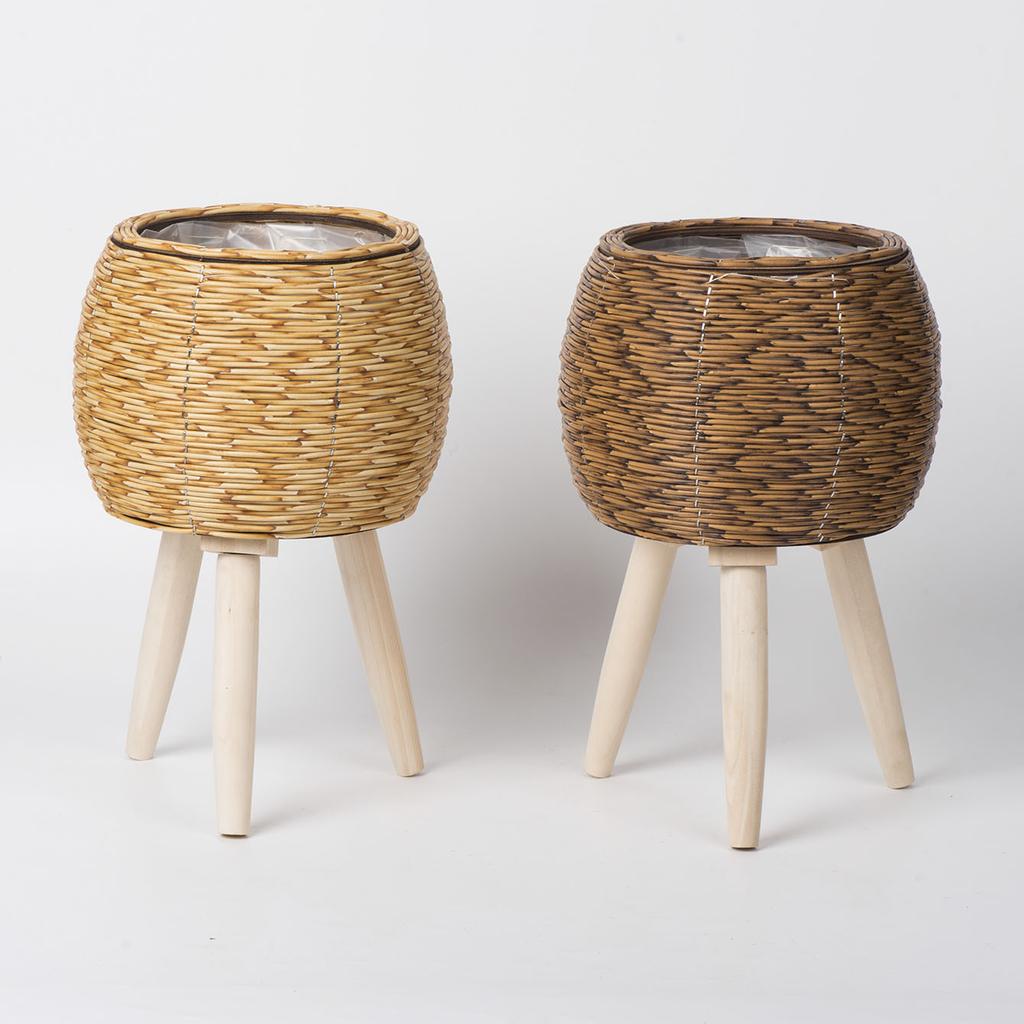 Rustic Rattan Planter With Wooden Legs Household Planter Pot Basket Wood Flower Basket For Indoor Plants Wood Flower Pots