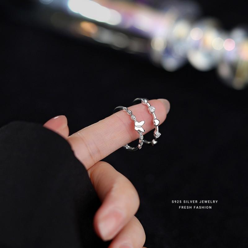 Adjustable Open Ring Women Sterling Butterfly Heart Design With Zirconia Crystals Fashion Elegant Statement Jewelry