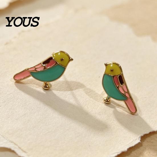 Colorful Bird Earrings 1 Pair Stud for Women, Outline Enamel Earrings, Polished Edges Glaze Finish Alloy Ear Pins Daily Wear Edge