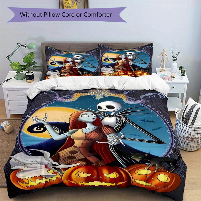 3pcs Halloween Jack And Sally Bedding Set Includes 1 Quilt Cover and 2 Pillowcases, Comfortable Bedding F038