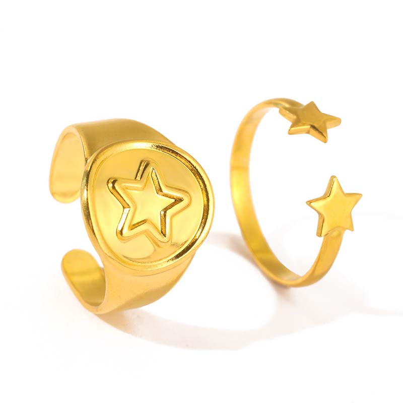 Stainless Steel Gold Color Pentagram Pattern Rings Set For Women Punk Metal Star Opening Adjustable Finger Ring Jewelry