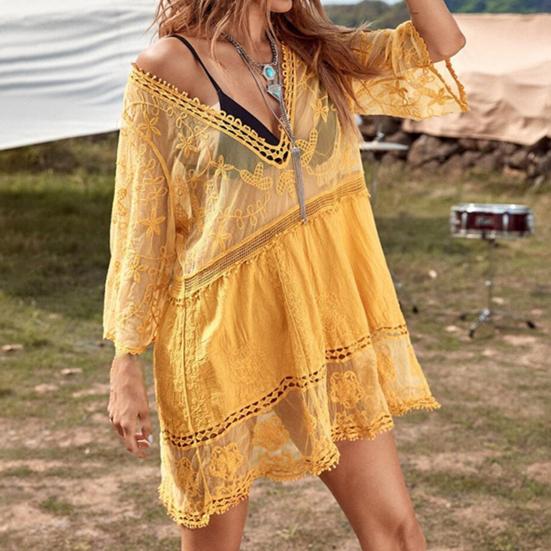 Swimsuit Cover Up Solid Color Deep V Neck Lace Quick Dry Swimwear