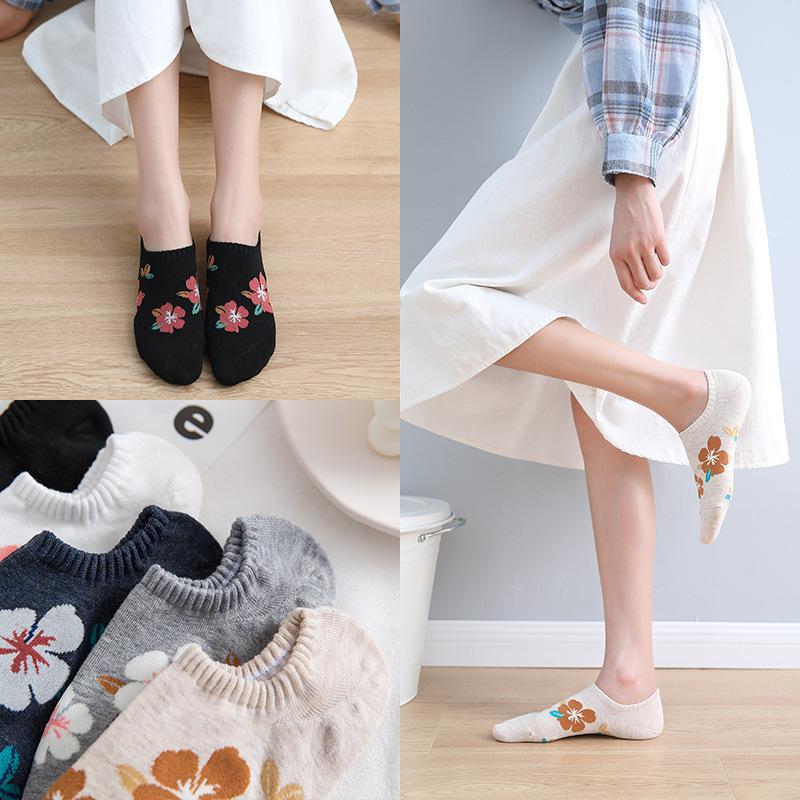 5/10 Pairs Women Flower Pattern Invisible Socks Spring Summer Sweat Absorbing Breathable Soft Comfortable Knitted Casual Socks