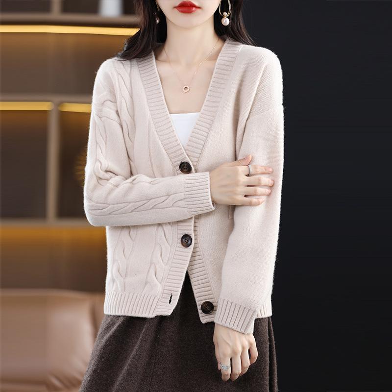 Women's V-Neck Wool Cardigan - 100% Pure Wool, Loose Fit, Long Sleeve, Versatile Cashmere Knitwear for Autumn/Winter.