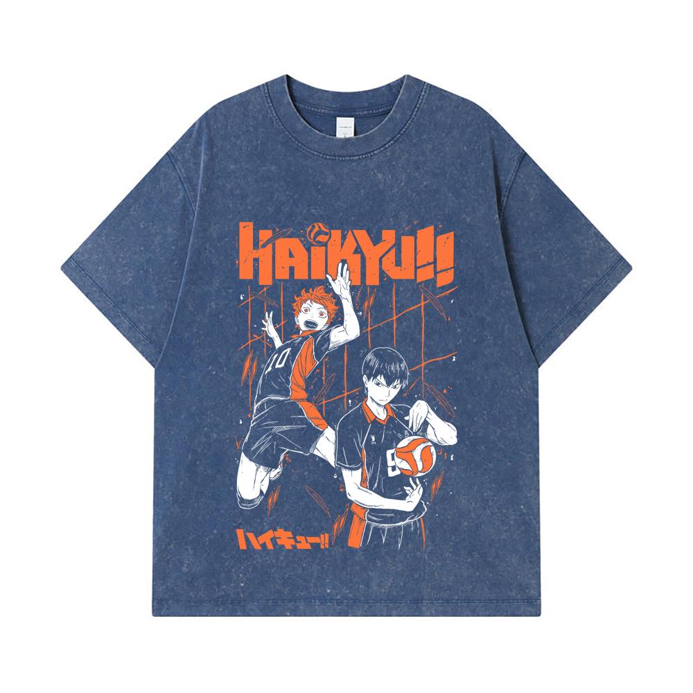 

275 GSM Washed T-shirts 100% Cotton Haikyu V2 Hinata x Tobio Print Unisex Heavy Cotton T Shirt 2XL королівський синій колір