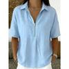 Womens Solid Color Turn Down Collar Half Zip Short Sleeve Casual Blouse