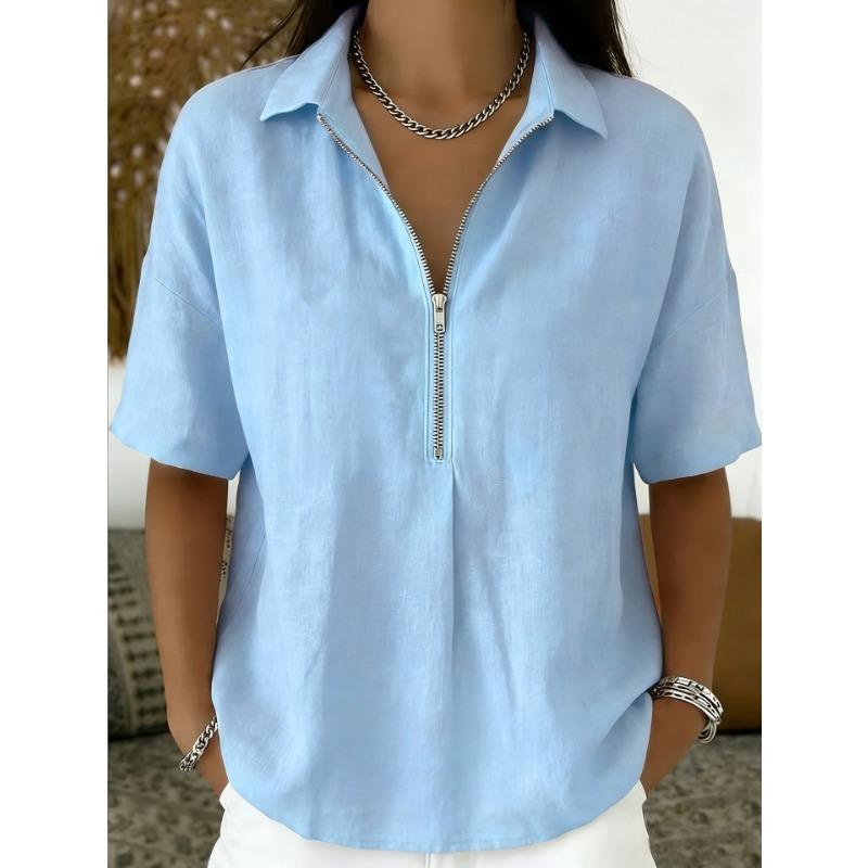 Womens Solid Color Turn Down Collar Half Zip Short Sleeve Casual Blouse