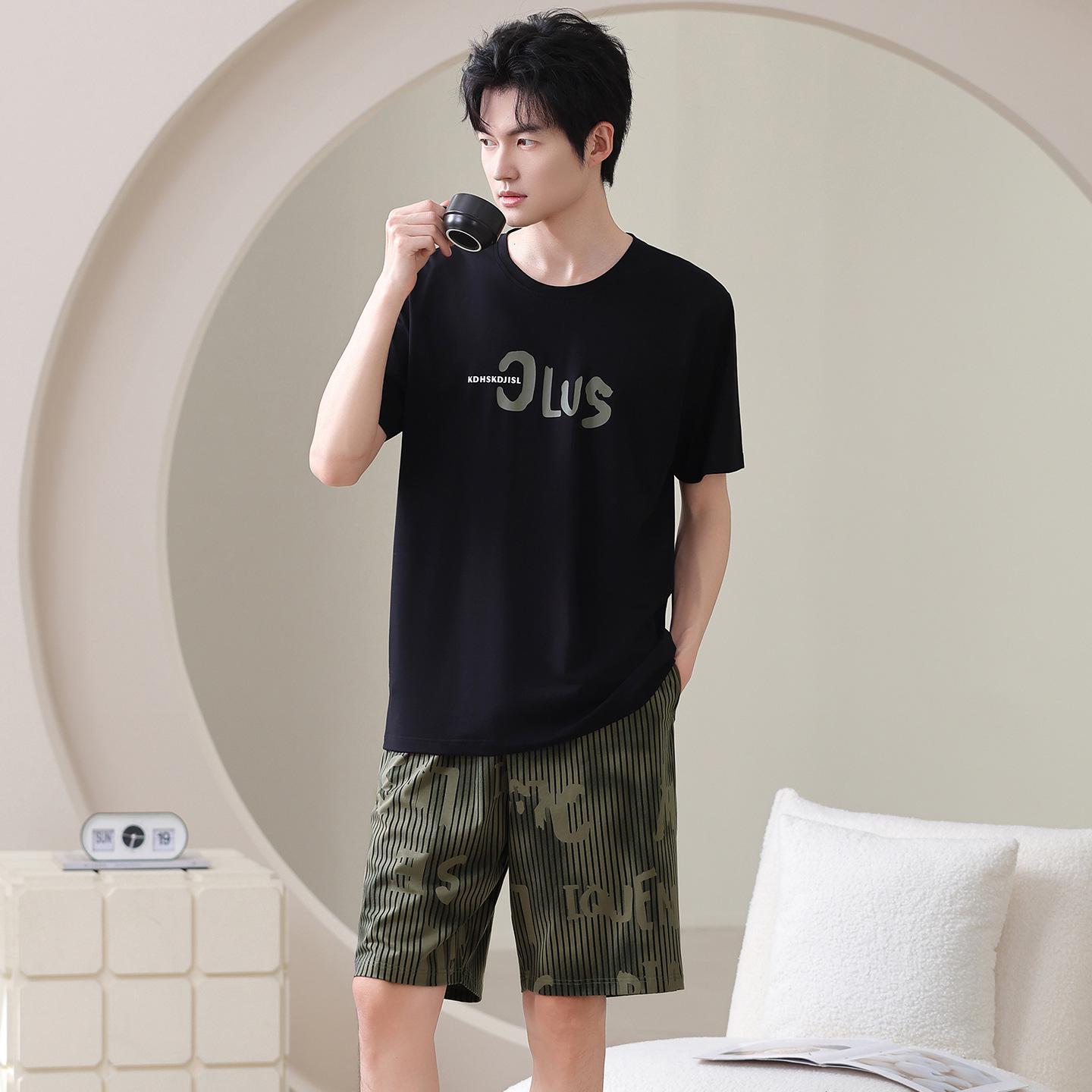 

Men s Pure Cotton Summer Pajama Set - Short Sleeve & Shorts, High-End Feel, Wearable Outside 3XL (80-95 kg) чорний