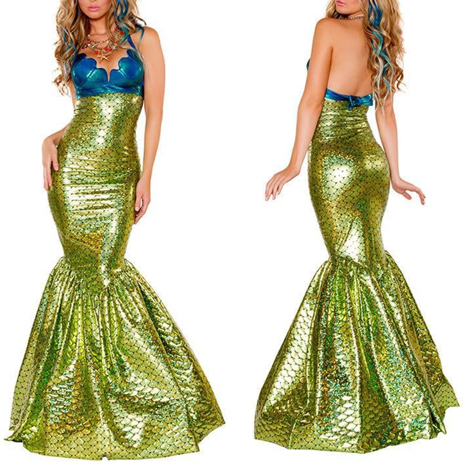 

Mermaid Cosplay Sexy Mermaid Princess Costume Outfit Green Long Dress Halloween Costume One Piece Skirt Bra Set Separate [R-Dream] 2-Piece (Medium
