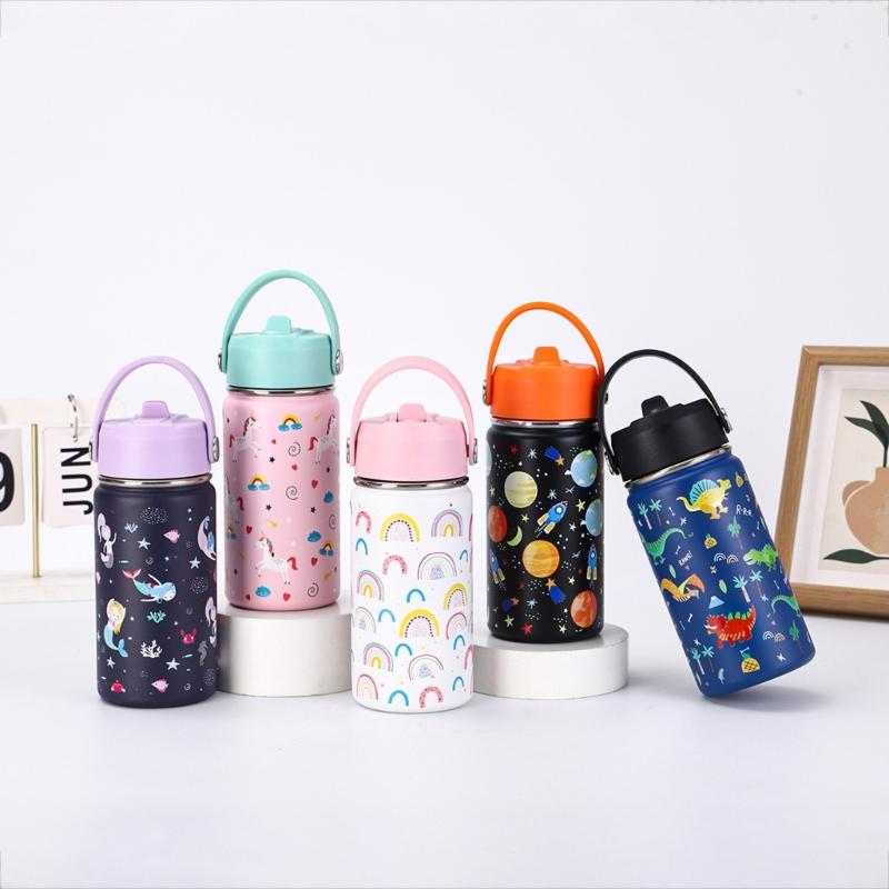 Wide Mouth Thermal Stainless Steel Water Cup Cartoon Handle Straw Tumblers Water Bottle for Outdoors