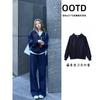 Womens Navy Blue Hooded Sweatshirt Set Casual Korean Style 3-Piece Outfit With Long Sleeve Top Straight Leg Pants Base Layer