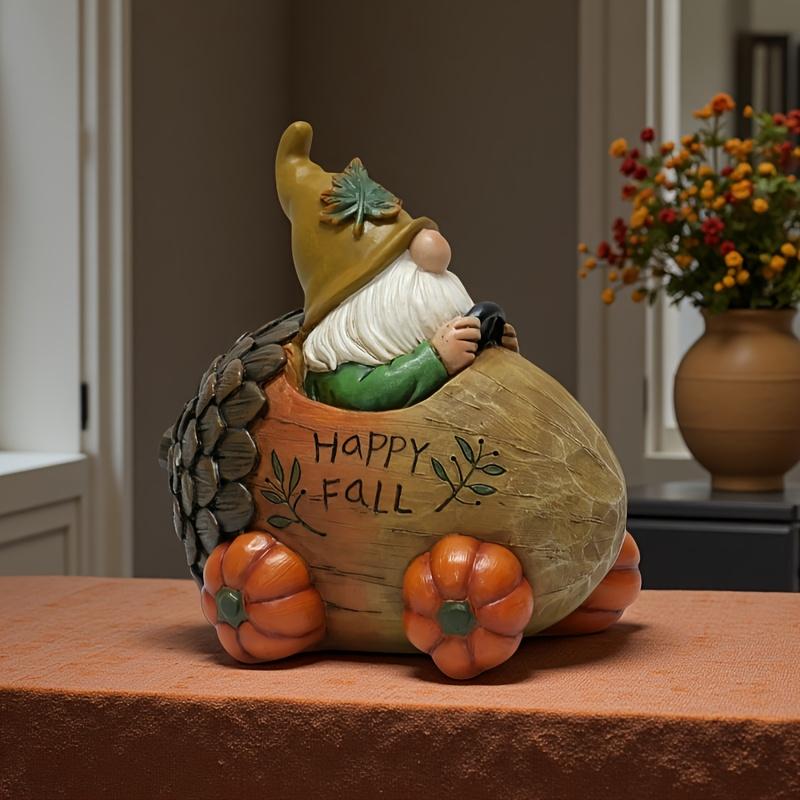 1pc Autumn Harvest Garden Gnome Statue, Pine Cone Cart with Pumpkin Wheel, Decorative Funny Gnome Pine Cone Cart Ornament,Suitable for Yard Lawn Porch