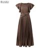 ZANZEA Women Casual Round Neck Ruffles Short Sleeve Loose Pleated Long Dress