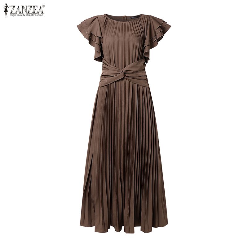 ZANZEA Women Casual Round Neck Ruffles Short Sleeve Loose Pleated Long Dress