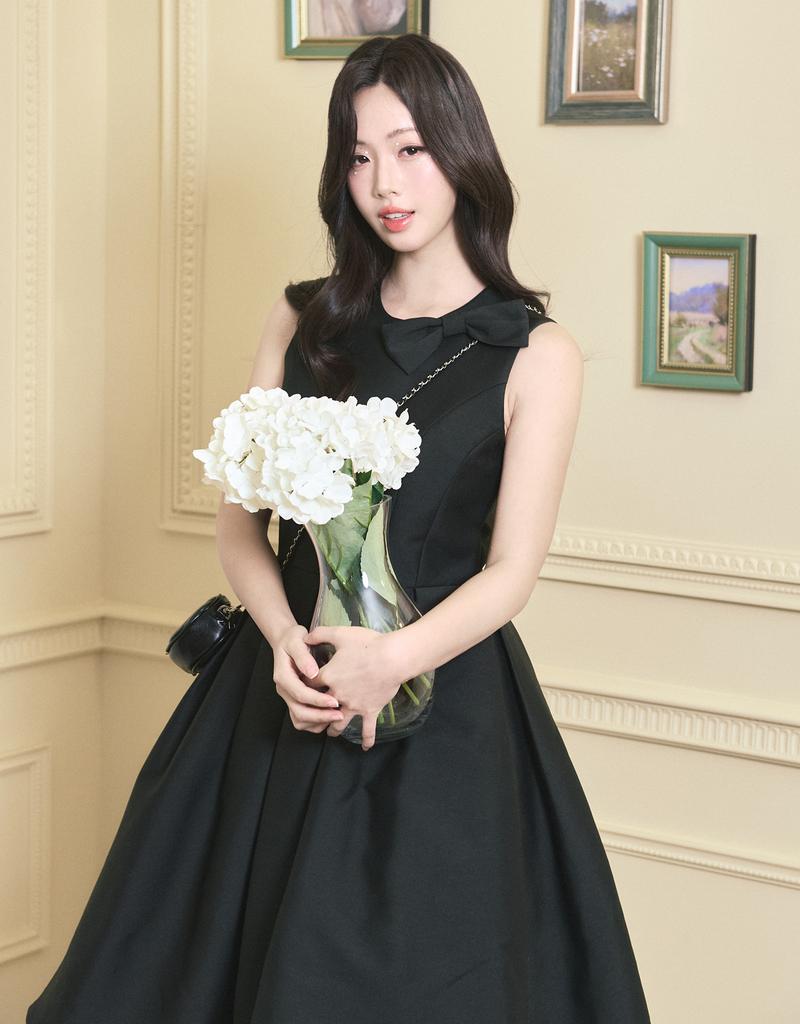 Teuwidia [Lady Line] Ophelia Ribbon Point Sleeveless Midi Balloon Dress Black